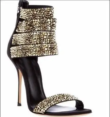 black and gold rhinestone heels