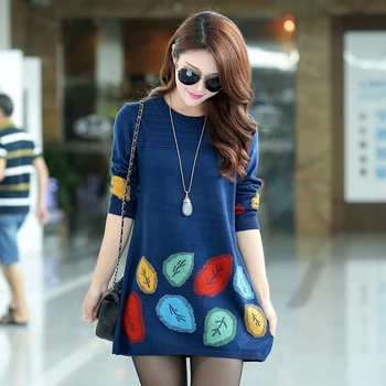 

New autumn & winter ladies fashion printing long sweater girls o-neck plus size sweater warm sweater dresses pullover