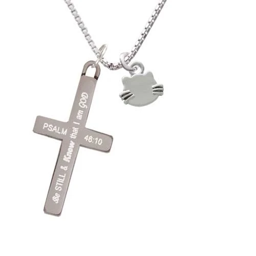 Mini Cat Face with Whiskers - Be Still and Know - Cross Necklace (1)