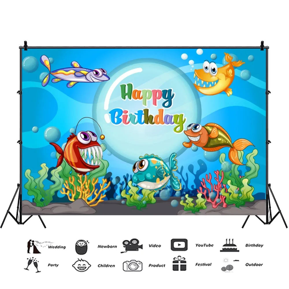 Laeacco Underwater Animals Baby Children Cartoon Happy Birthday Scene Photographic Backgrounds Photography Photo Backdrop Studio Laeacco Underwater Animals Baby Children Cartoon Happy Birthday Scene Photographic Backgrounds Photography Photo Backdrop Studio
