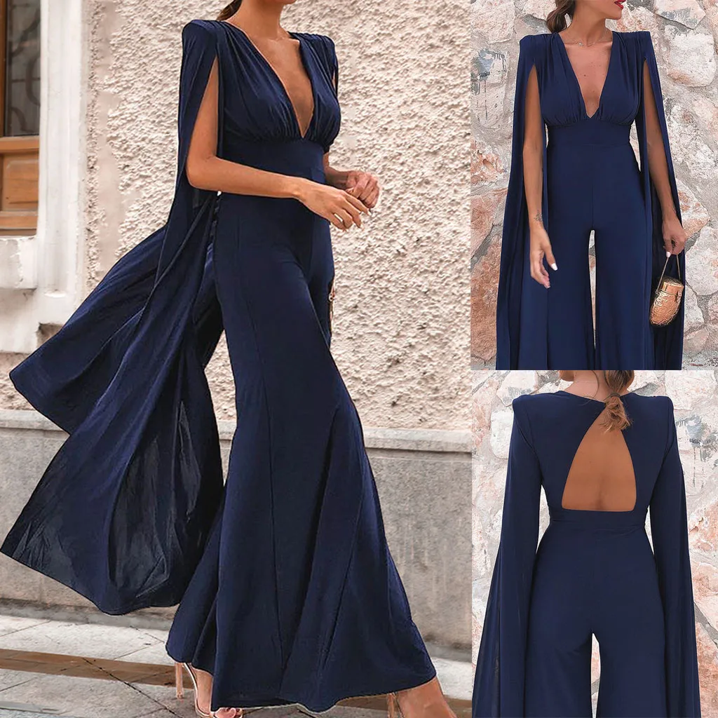 Womail Women Eleglant Jumpsuit Party Night Sexy Fashion Deep V-Neck Long Sleeve Ladies Solid Wide Leg Long Summer Jumpsuit Jun21