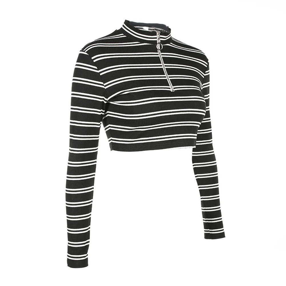 

Fashion Women Sexy Crop Tops Zipper Turtle Neck Long Sleeve Slim Striped T-Shirt