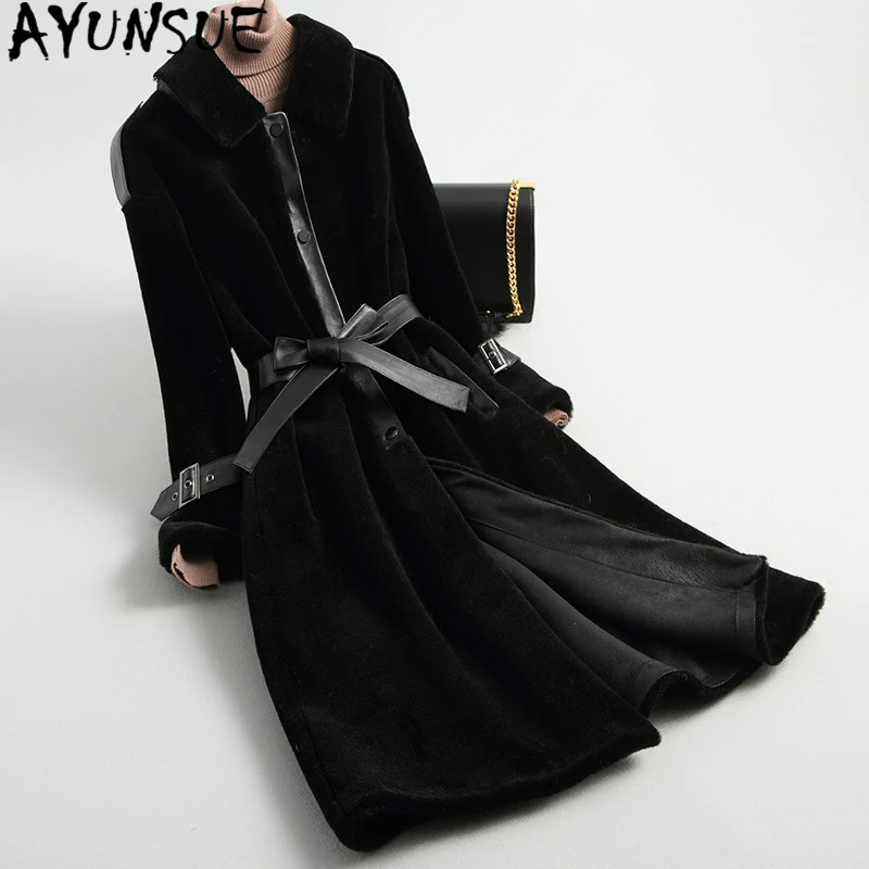 

AYUNSUE Elegant Real Fur Coat Winter Coat Women Clothes Korean Fashion Slim Real Wool Long Jacket + Genuine Leather Belt 18200