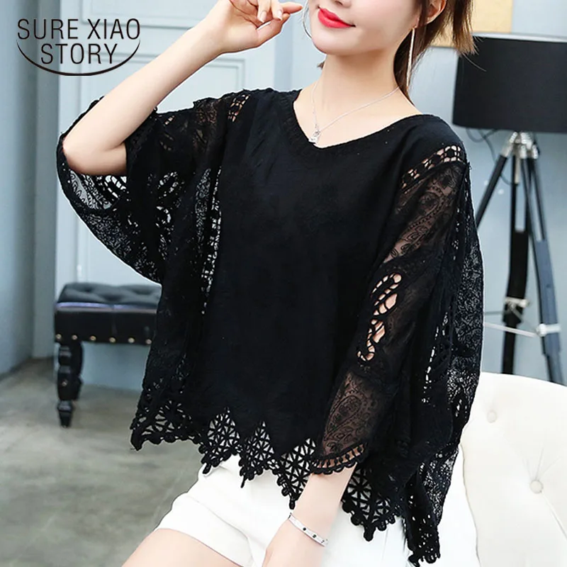 

Fashion womens tops and blouses 2019 ladies tops lace blouse shirt shirts loose white shirts Hollow Out V-Neck clothes 4479 50