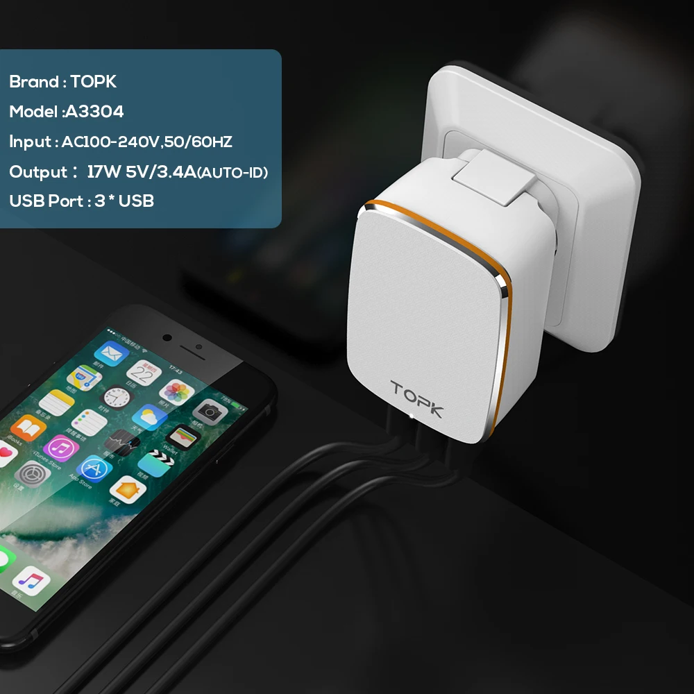 TOPK USB зарядное устройство 5V3. 4A авто ID дорожное настенное адаптер с ЕС США Смарт