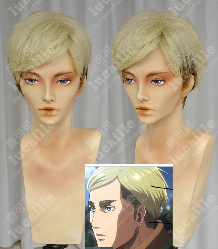 

Attack on Titan Erwin Smith Short Light Blonde Ombre Cos Hair Heat Resistance Cosplay Costume Wig + Track + Cap