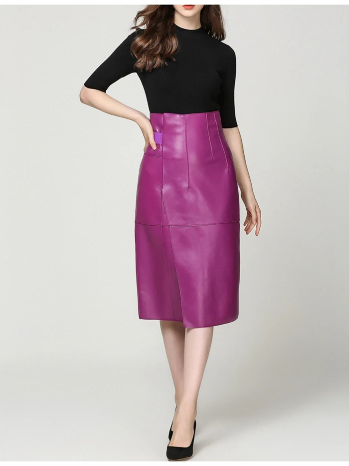 Женская юбка из овчины, натуральная кожа, длинная,, модная, женская, сексуальный дизайн, настоящая, тонкая, на бедрах, с поясом, юбка фиолетовая
