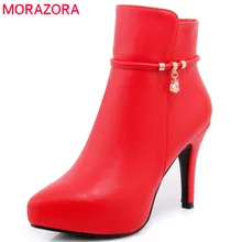 MORAZORA/ботинки из мягкой искусственной кожи женская модная обувь пикантные женские ботинки обувь на тонком каблуке на молнии женские вечерние ботильоны