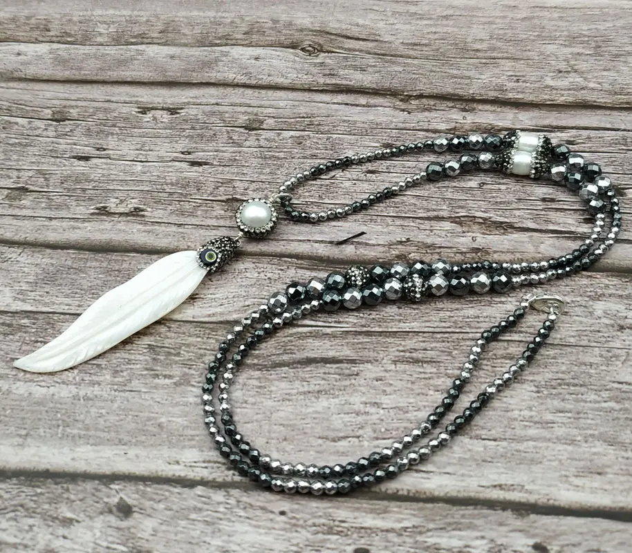 

YA3922 Pave CZ Crystal Feather Pendant Pearl Charm Hematite Stone Beads Necklace 30inch long
