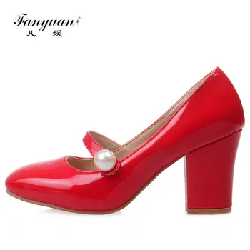 

Fanyuan 2017 Women High Heels Ladies Pumps Big Size 34-43 Spring Square Toe Mary Jane Career Chunky High Heel Black Lady Shoes