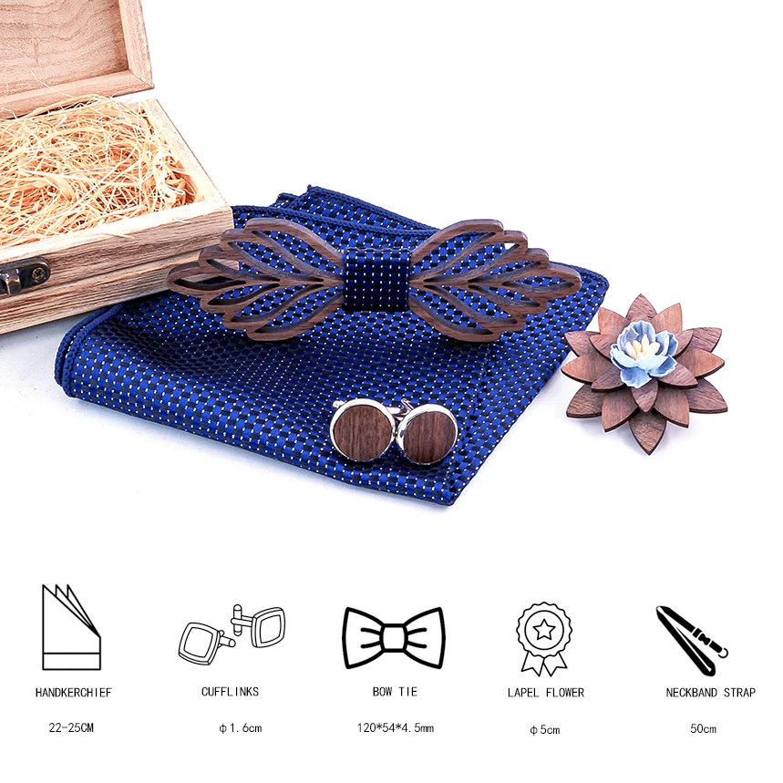 Романтический из полой древесины галстук-бабочка с носовой платок запонки для мужчин дизайн набор рождественских подарков