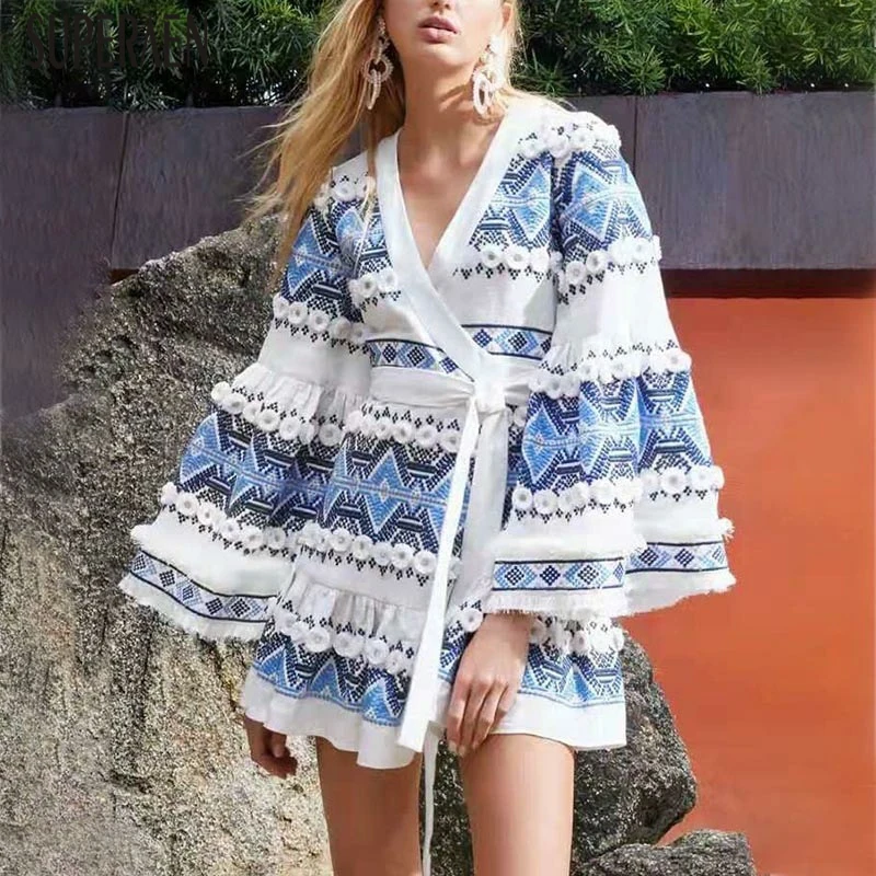 

SuperAen European Printed Women's Dress 2019 Summer New Cotton Ladies Dress Fashion High Waist V-neck A-line Women Clothing