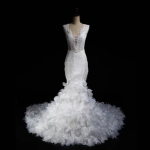 White V Neck Beaded France Lace See Through Top Fitted Mermaid Wedding Dress Bridal Gown