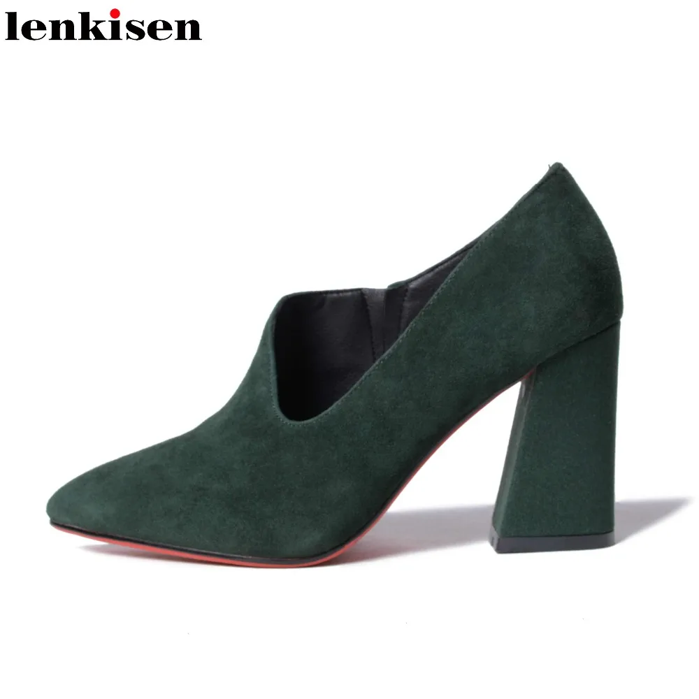 

Lenkisen 2018 office lady pointed toe spring slip on retro mature shoe solid high heels shallow kid suede sweet women pumps L1f1