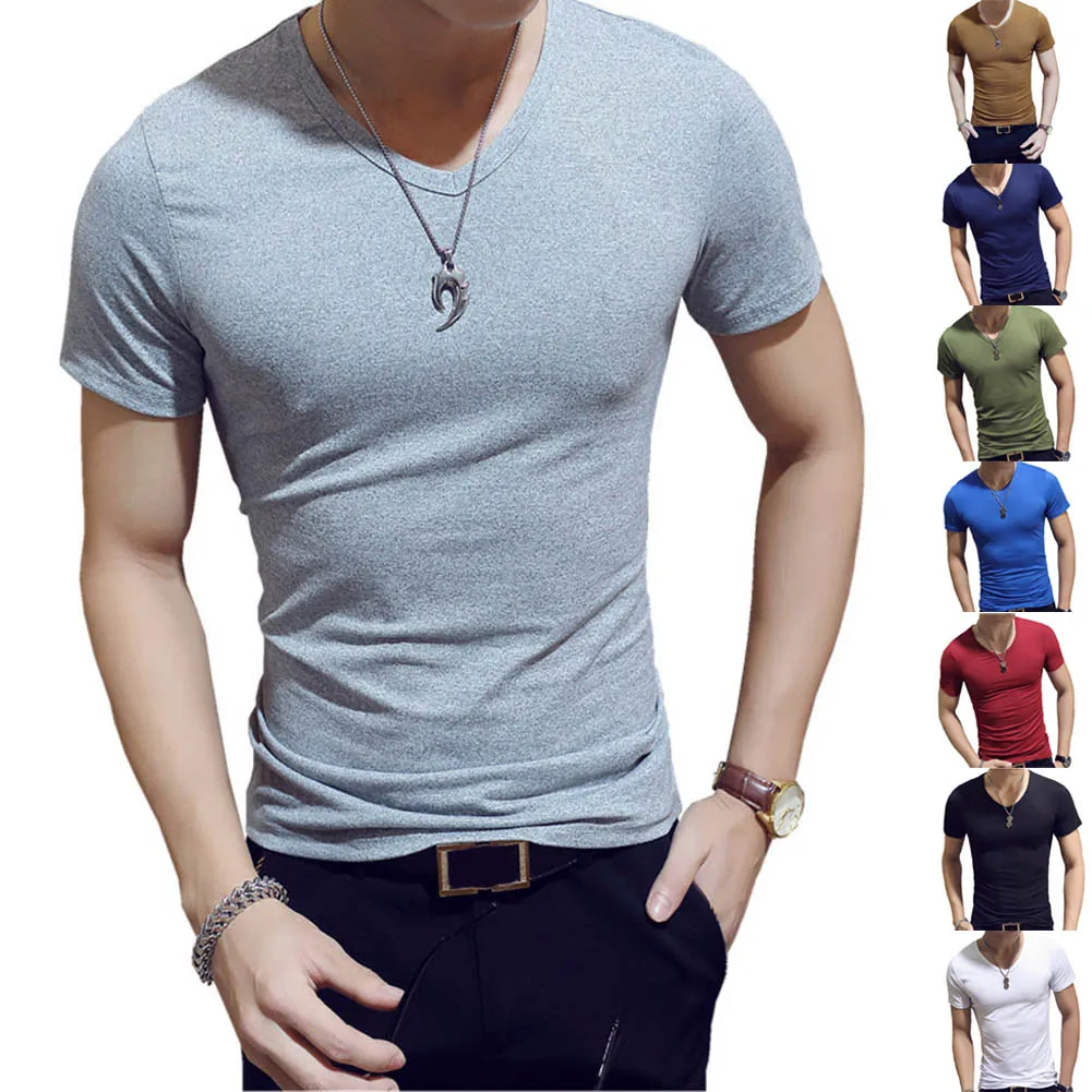 Korean Summer Men T Shirt Short Sleeve V Neck Solid Color Tops Fitness