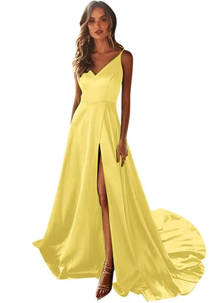 VKBIRDAL Для женщин v-образным вырезом с боковыми сексуальные платья невесты с карманами Спагетти атласная Длинные Abendkleid вечерние платья - Цвет: Yellow