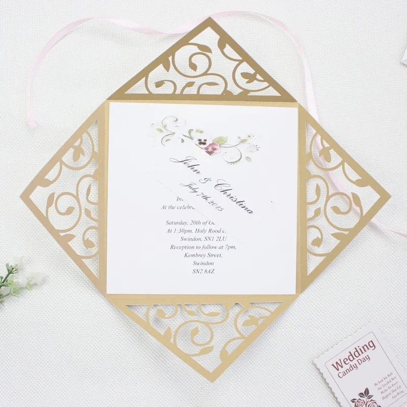 

Classic Unique Gold Rose Laser Cut Wedding Invitation Suite With Tag Envelope, Customized Invites, Free Printing Free Shipping