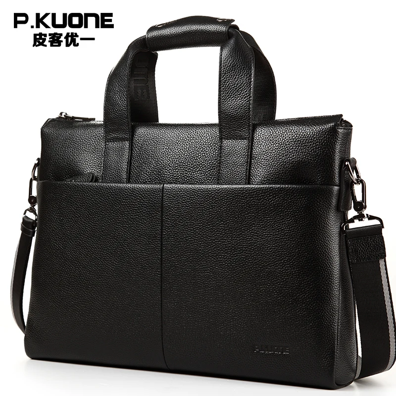 

P.KUONE Genuine Leather Famous Brand 14 Inch Laptop Tote Business Men's Shoulder Bag Messenger Bag Male Cowhide Fashion Handbag