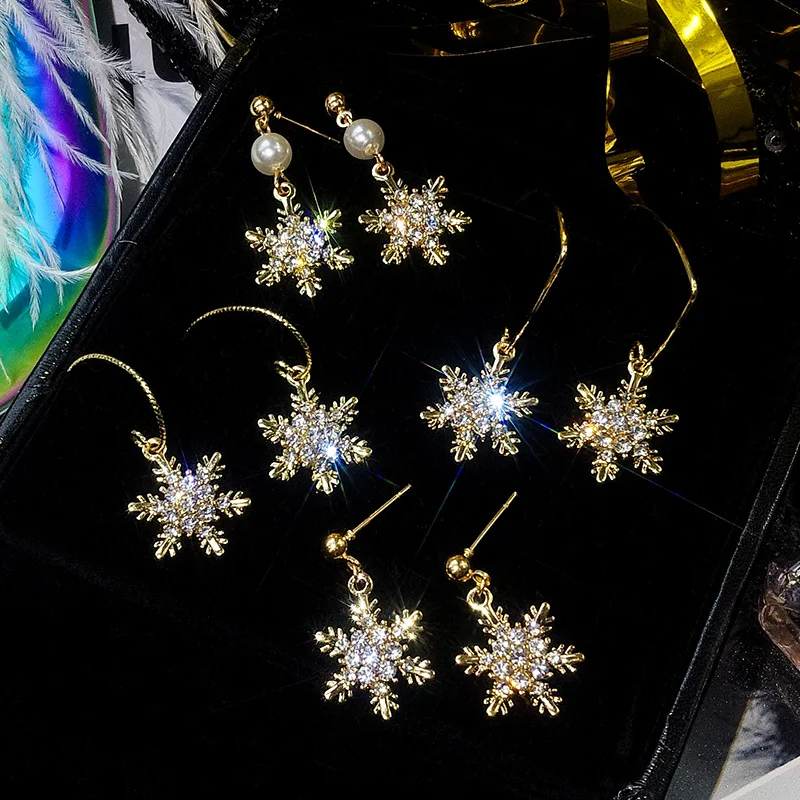 2019 Korean Style Temperament Gold Snowflake D Earrings AAA Dazzling Zircon Snow Flower For Women Wedding Gifts | Украшения и