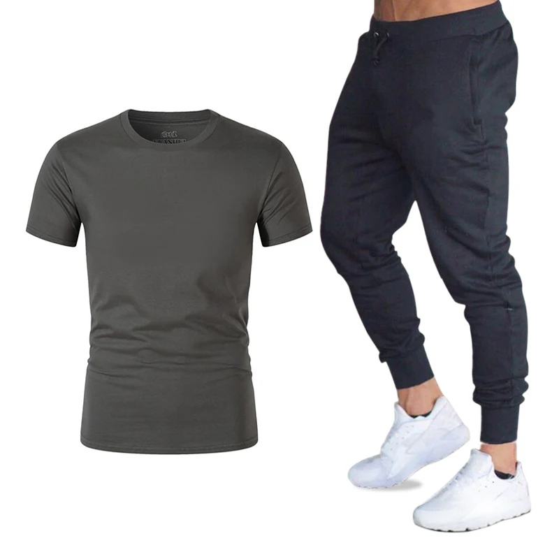 

Ensembles pour hommes marque vtements gymnases serr coton T-shirt + pantalon ensemble hommes Joggers T-shirt Homme Gyms T-shirt