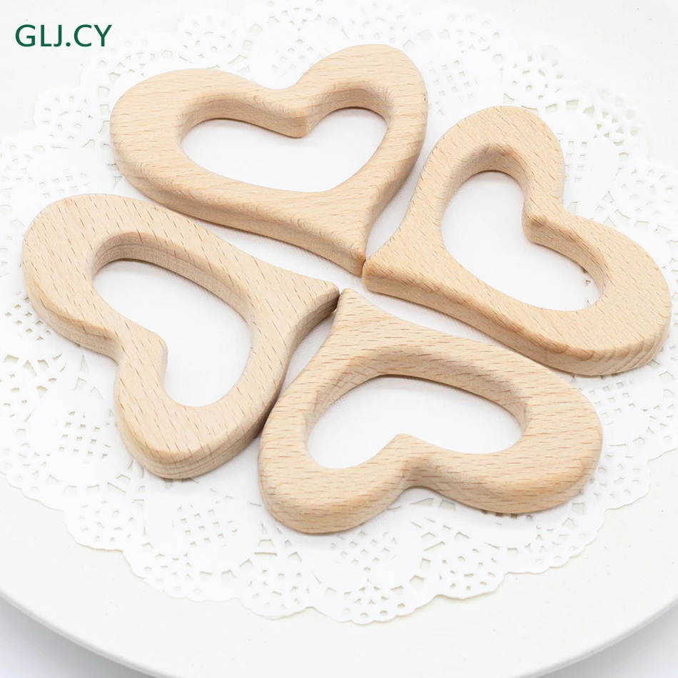 Beech Wood Teether Heart Shaped Wood Baby Teethers Safe Kids Teething