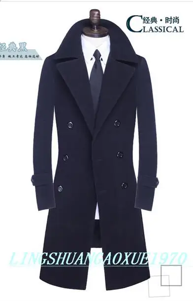 Осеннее двубортное шерстяное пальто мужские тренчи тонкие модные повседневные Мужское пальто jaqueta masculina Большие размеры S-9XL - Цвет: Черный