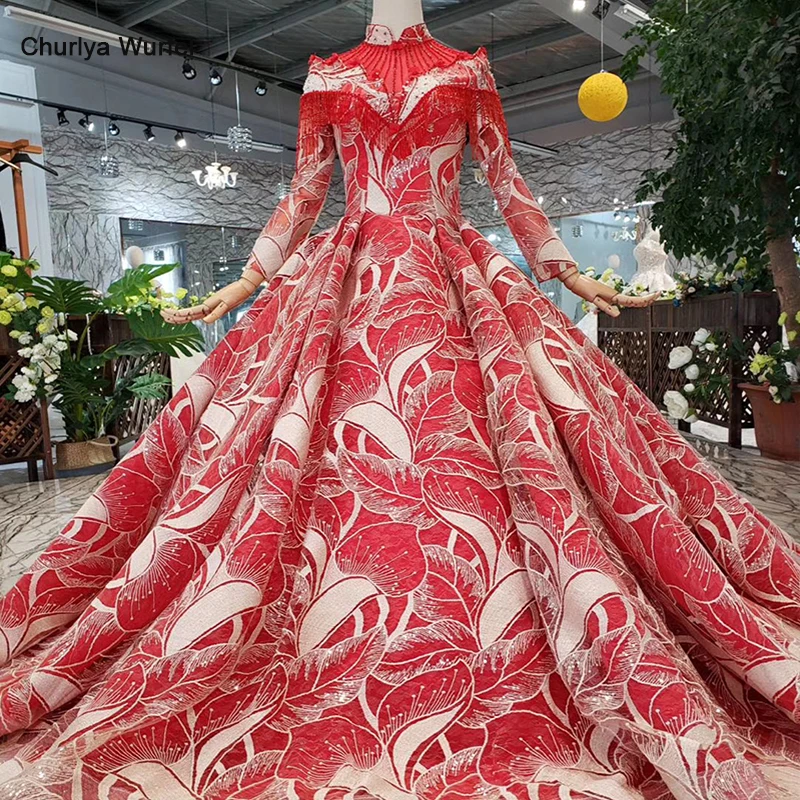 

HTL322 Red evening dresses long for women high neck long sleeve muslim wedding party dress with train robe de soiree longue 2019