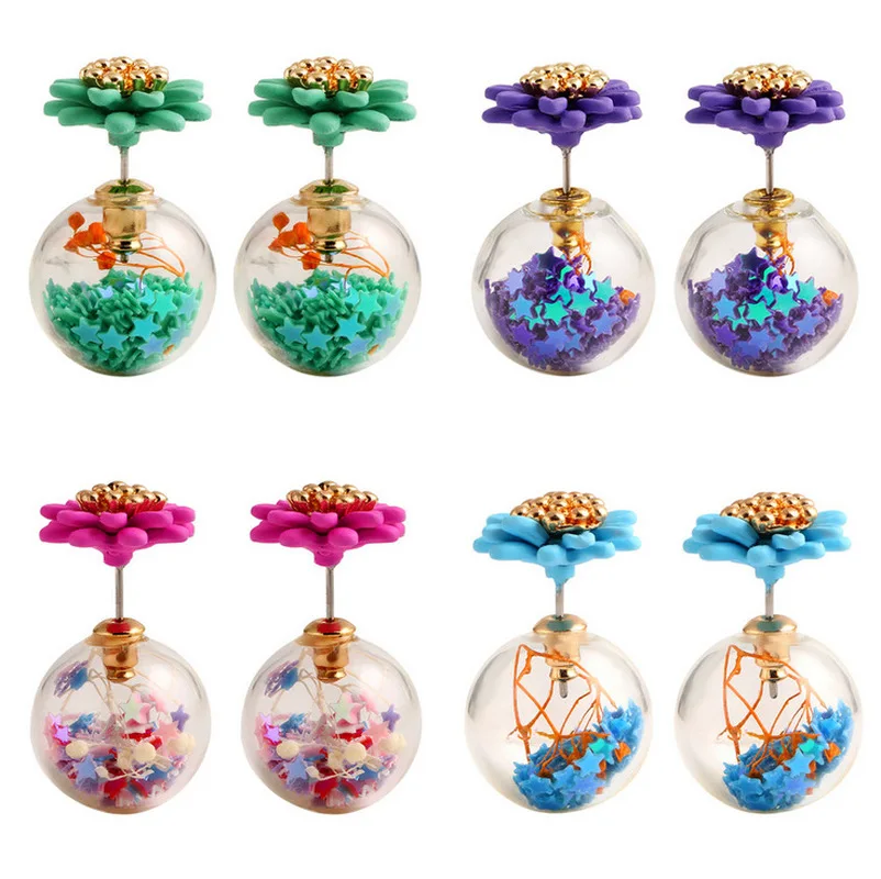 

Fashion Candy Color Double Side Spherical Pentagram Pearl Round Glass Ball Flowers Stud Earrings Creative Women Jewelry Gift