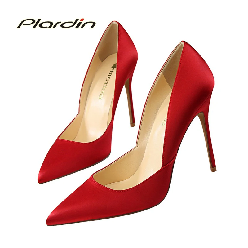 

plardin 2017 Silk Shallow Sexy Women Party Wedding D'Orsay&wo-piece  Shoes Woman Thin High Heel Pumps Four seasons ladies shoes