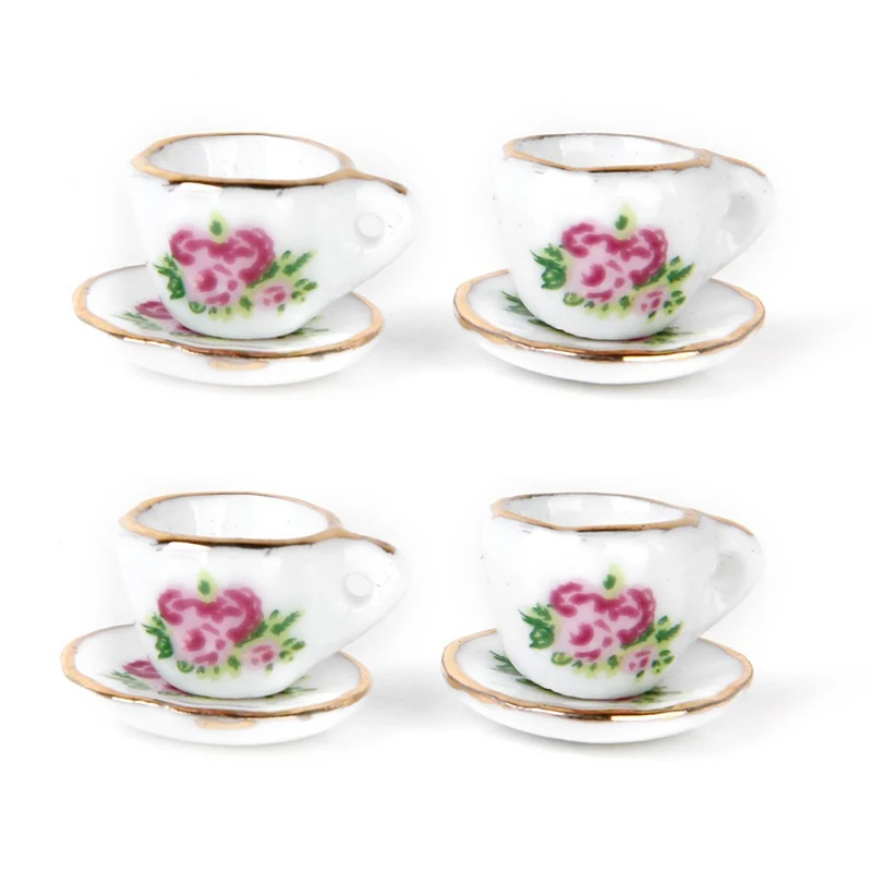 15 pieces Porcelain tea set Dollhouse miniature foods Chinese rose dishes cup