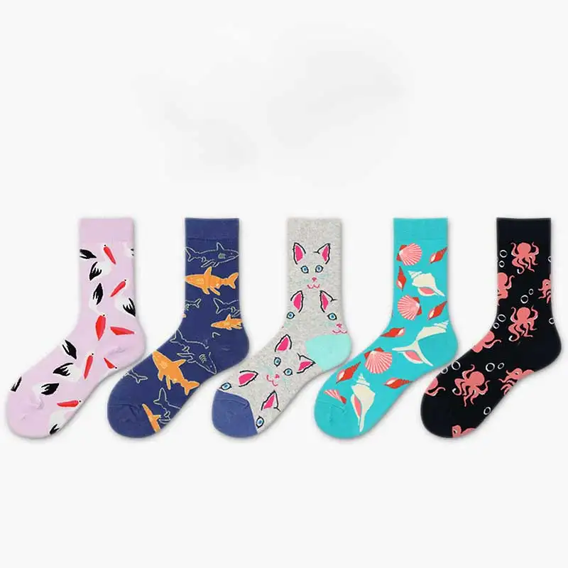 

Fashion Cute Cartoon Shell & Octopus Patterned Women Cotton Socks Funny Cartoon Hipster School Style Breathable Cute Women Sock