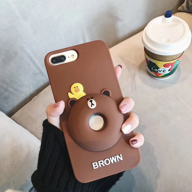 

4 IN 1 Line Bear Cartoon Silicon Brown Phone Case+Phone Holder+Cable Winder+Volume Enlarging Drop Shipping