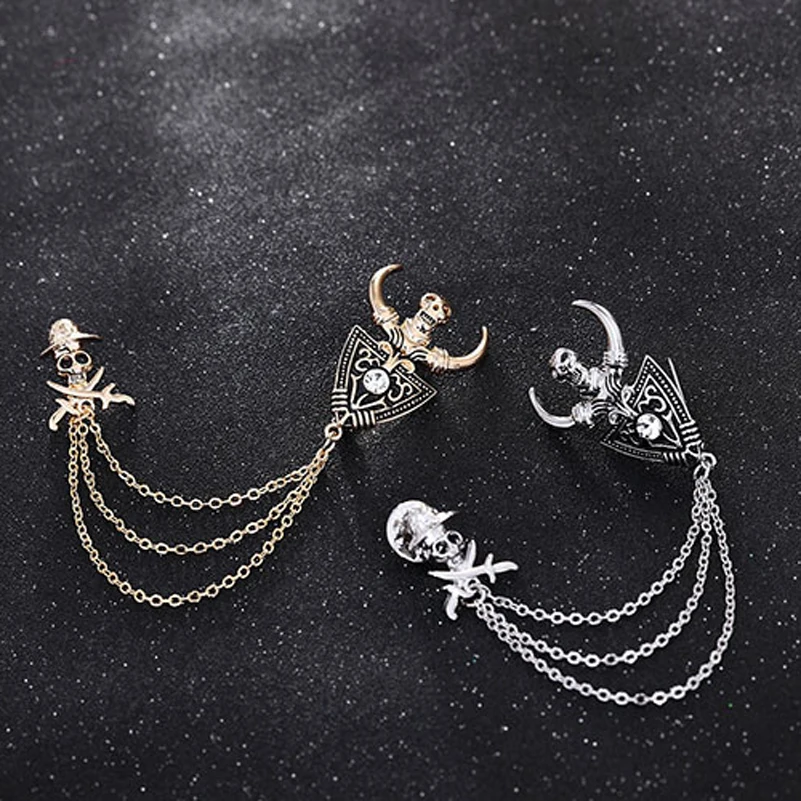 

Gothic Punk Unisex Accessories Skull Rhinestone Pirate Chain Tassels Pin Brooch Women Men Jewelry For Gift
