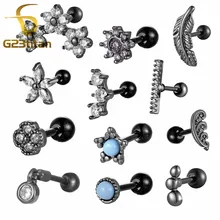 Чёрное стальное ухо траг хрящевой пирсинг кристалл цветок Конч Lobe серьги Штанга пирсинг Orelha уха шпилька спираль пикантное украшение