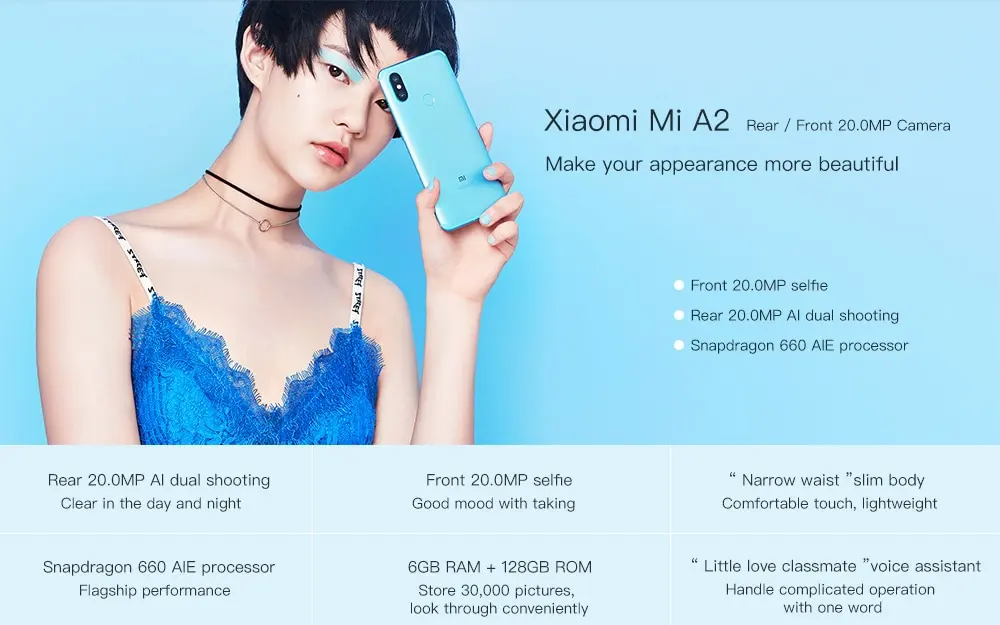 Xiaomi Mi A2 4G Phablet 5.99 inch Android 8.1 Snapdragon 660 Octa Core 2.2GHz 4GB RAM 32GB ROM 12.0MP + 20.0MP Rear Camera Fingerprint Sensor 3030mAh Li-ion Battery- Black