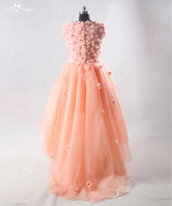 RSE706 peach floral prom dresses short puffy dress with long train (3)