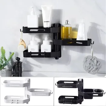 

3 Tier 180 Degree Free of Punch Rotating Wall Mount Bathroom Storage Rack Box Kitchen Bathroom shelf Commodity Shelf Black ABS
