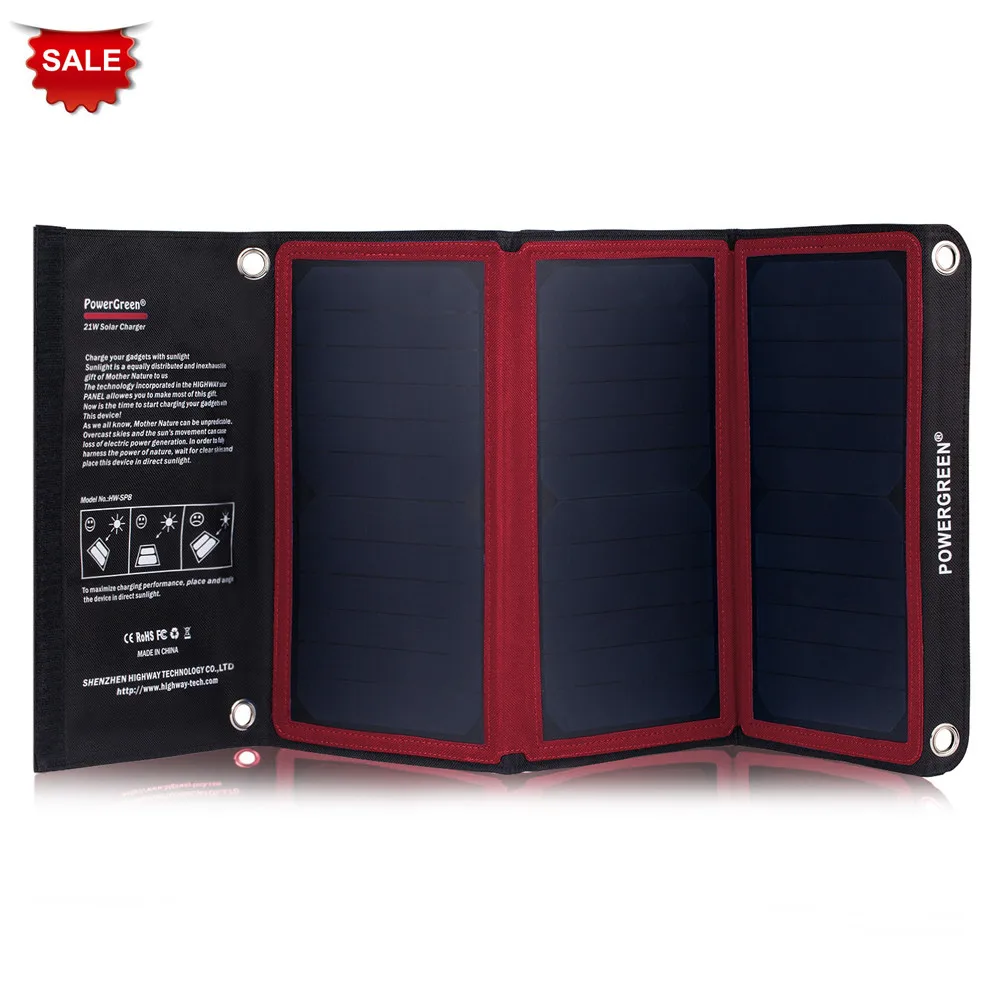 

New Arrival PowerGreen 21W Foldable Solar Panel Charger 5V 2A Solar Power Bank SUNPOWER Battery Pack for Traveling