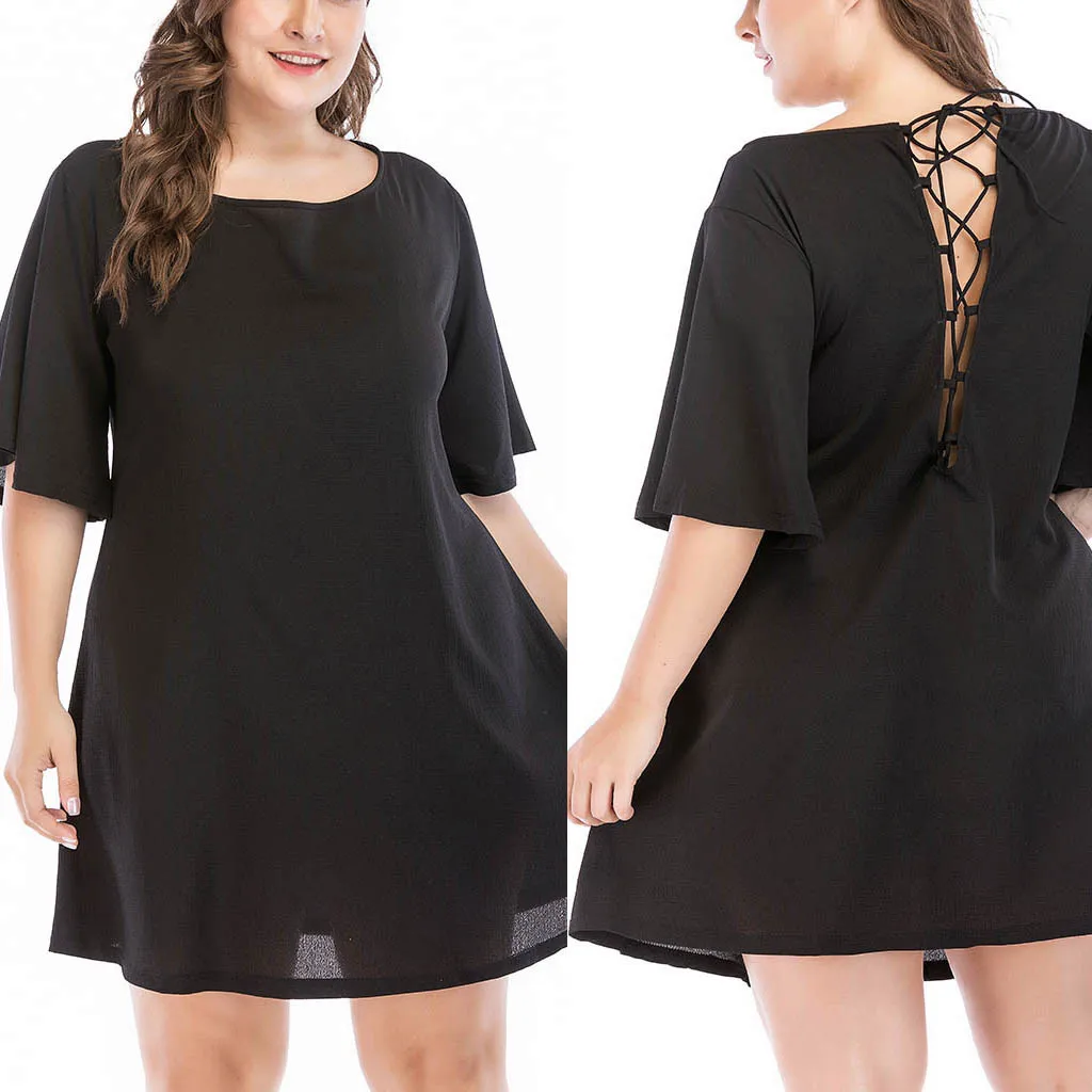 

feitong New Arrival 2019 Large Plus Size Black Female Women Casual Solid Short Sleeves Dress Party Dress Vestido @122