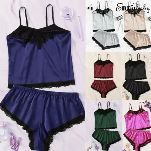 

2pcs/set Women Sexy Pajamas Silk Pyjamas Sleepwear Strappy Tops + Triangular shorts Lingerie Sexy Set S-XL