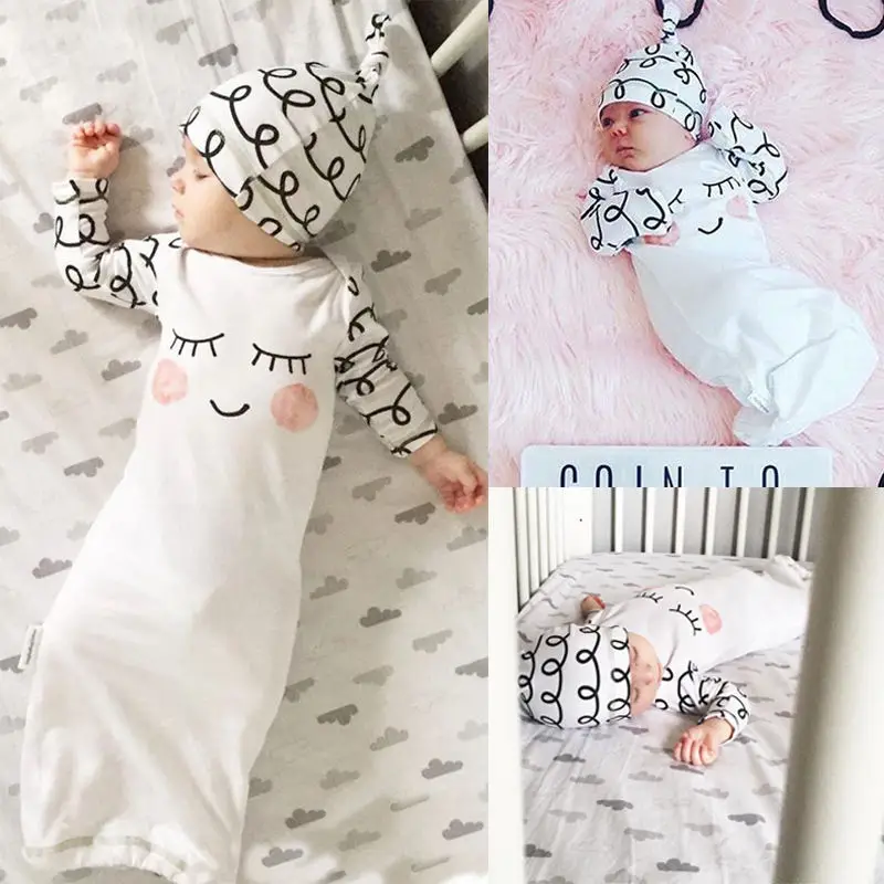 

Childrne kids New Arival Boys Girls Sleepwear Cotton Sleepy Eyes Rosy Cheeks Outfit Baby Gown Hat Infant Newborn Gift 2pcs Set