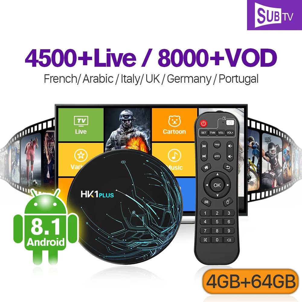 

1 Year IPTV France Arabic SUBTV IP TV Box HK1 PLUS Android 8.1 4G+64G BT Dual-Band WIFI IPTV France Arabic Canada Italy Code
