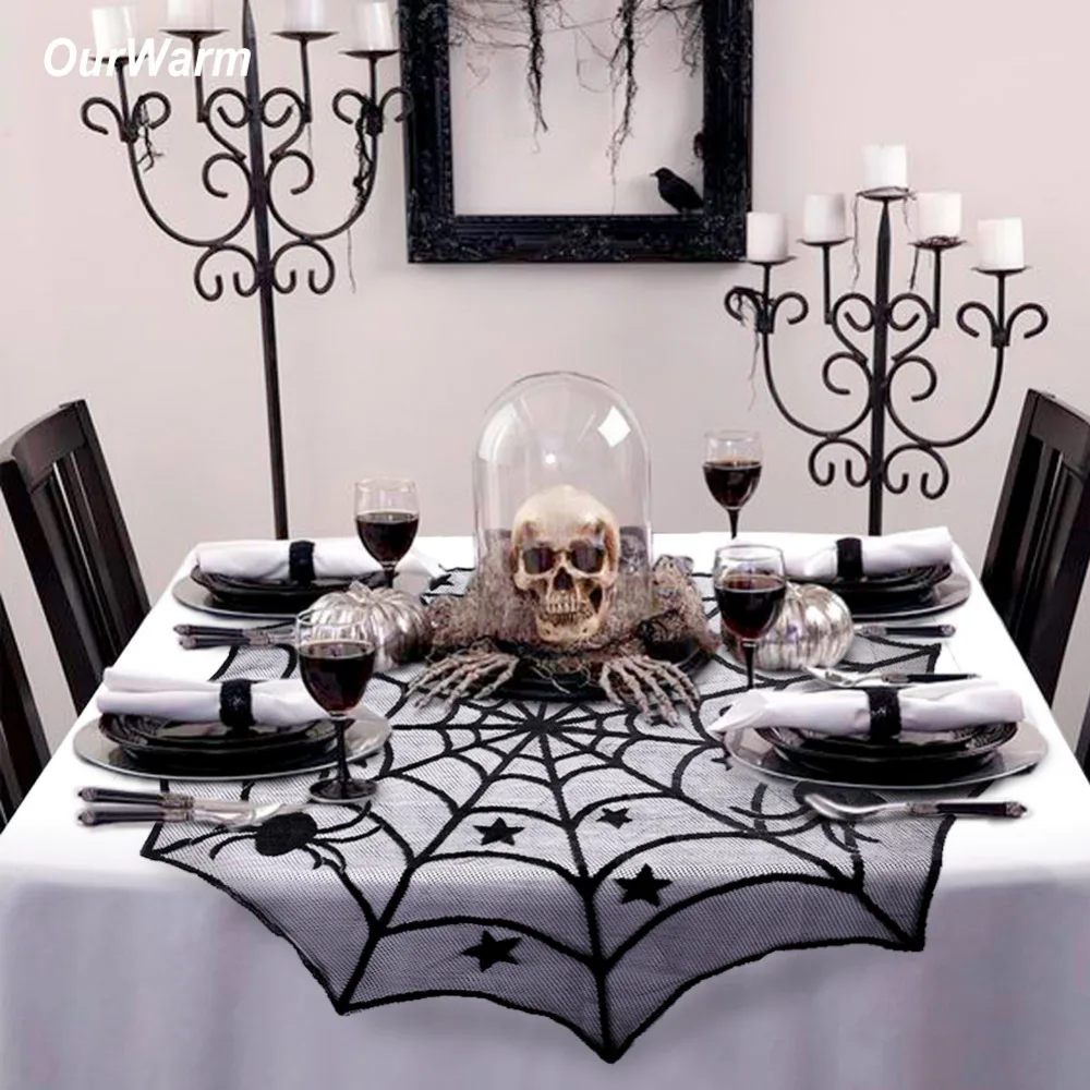 Ourwarm 100cm Halloween Spider  Tablecloth Black Round Lace Table Topper Covers for Halloween