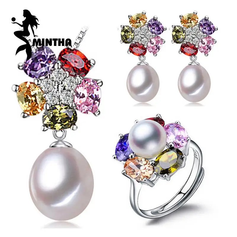 

MINTHA Pink Crystal Pearl Jewelry Sets Flower 925 Sterling Silver Pearl Earrings Ring Pendants For Women Party Wedding Jewelry