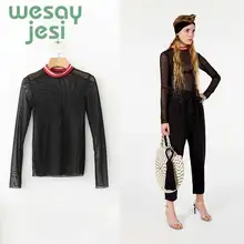 2019 New Sexy Women Shirt See Through Transparent Mesh Tops Long Sleeve Sheer Slim Ladies Turtleneck Shirt tops