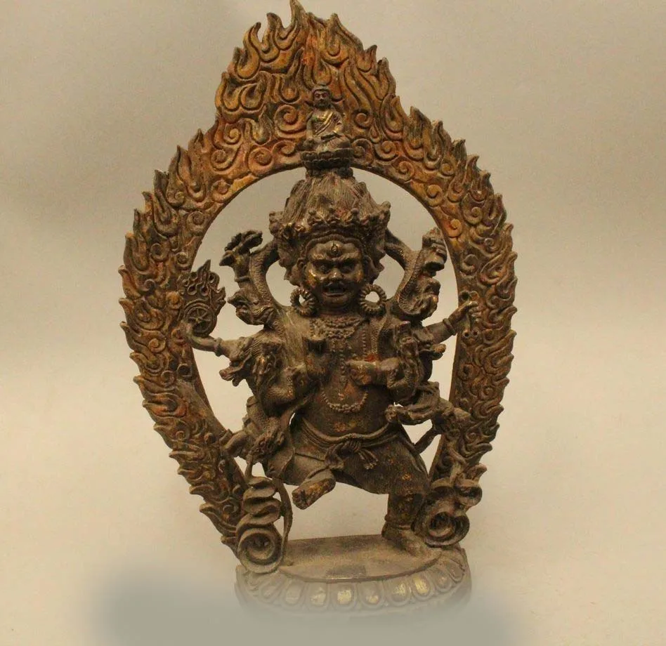 

DS 13"Tibet Buddhism Bronze Gild Dragon Three Head 6 arm Mahakala Buddha Statue