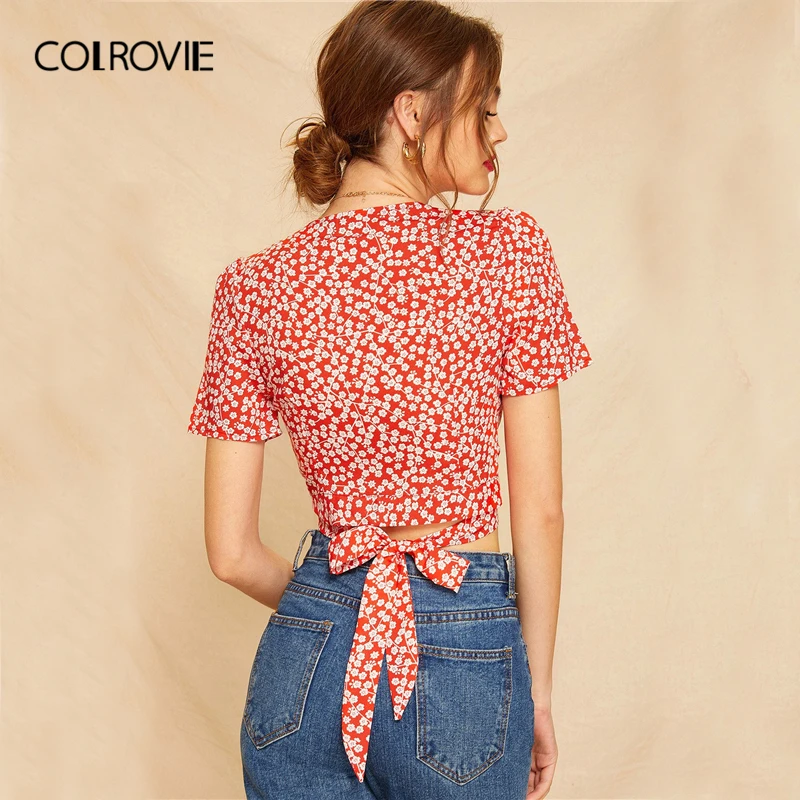 

COLROVIE Hot Pink Tie Back Ditsy Floral Wrap Boho Blouse Shirt Women Crop Top 2019 Summer Korean Holiday Ladies Tops And Blouses