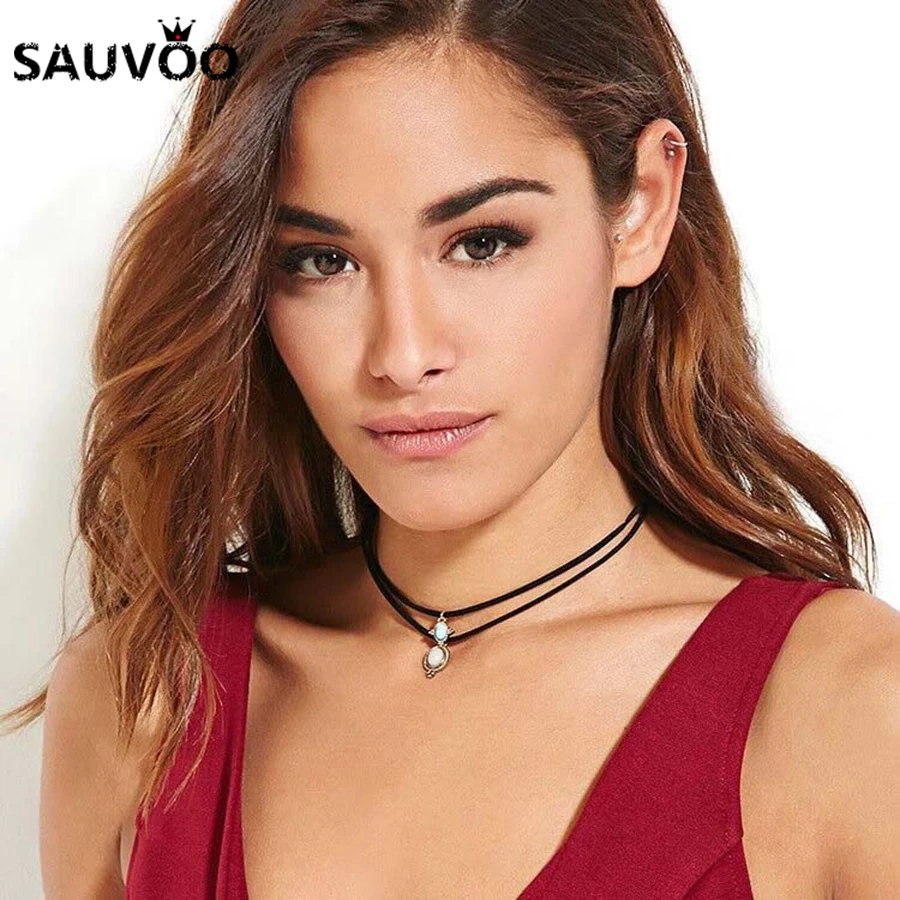 Sauvoo Punk Black Stones Leather Cord Statement Necklace Layered Choker