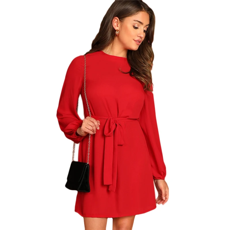 Sheinside красное женское элегантное платье с поясом на спине и замочной скважиной,, женские платья с длинным рукавом, а-силуэт, OL, для работы, для девушек, осеннее платье