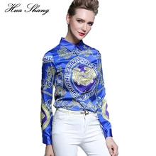 Huashang Women Formal Blouses Elegant Long Sleeve Chiffon Tops Casual Vintage Printing Shirt Women Blue Blusas chemise femme